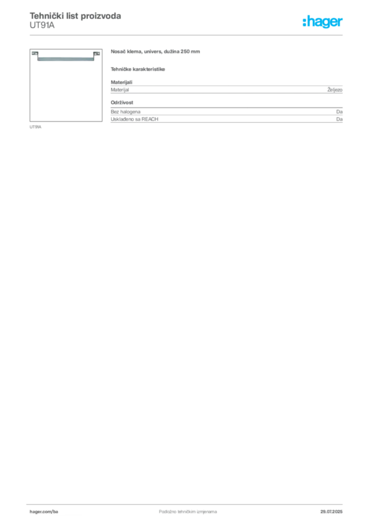 Slika Hager Product data sheet UT91A  | Hager