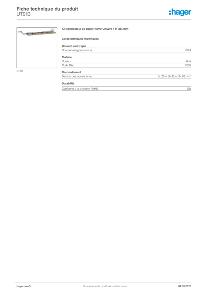 Image Hager Fiche technique du produit UT91B | Hager France