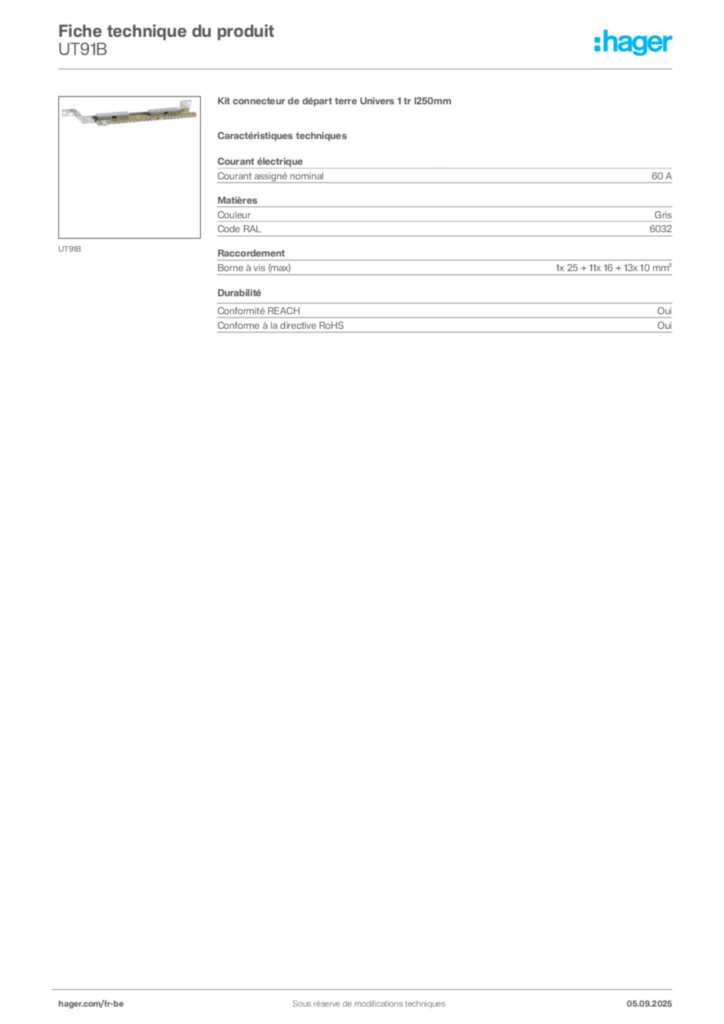 Image Hager Fiche technique du produit UT91B | Hager Belgique