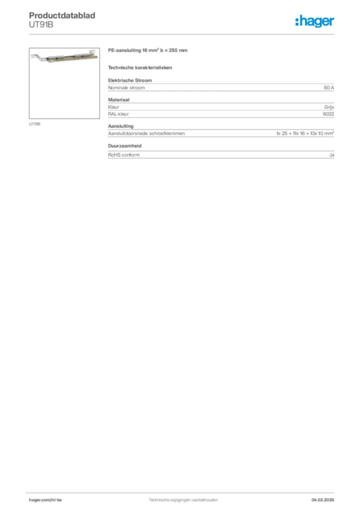 Afbeelding Hager Productdatablad UT91B | Hager Belgium