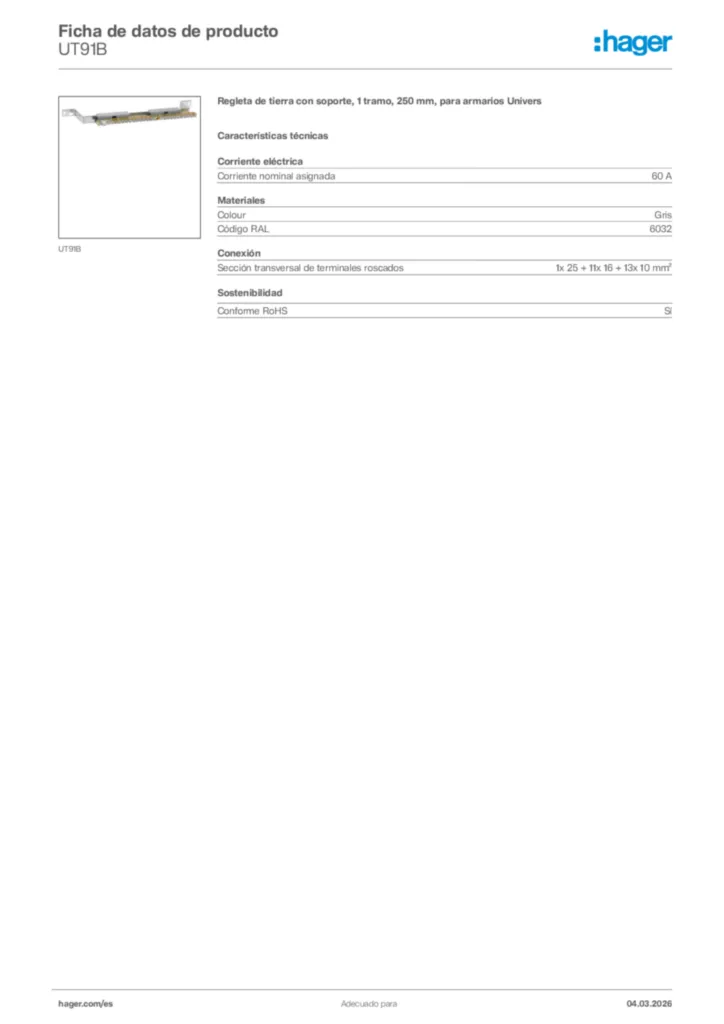 Imagen Hager Ficha de datos de producto UT91B | Hager España