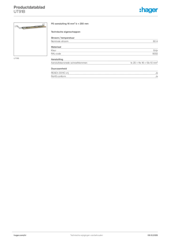 Afbeelding Hager Productdatablad UT91B | Hager Nederland