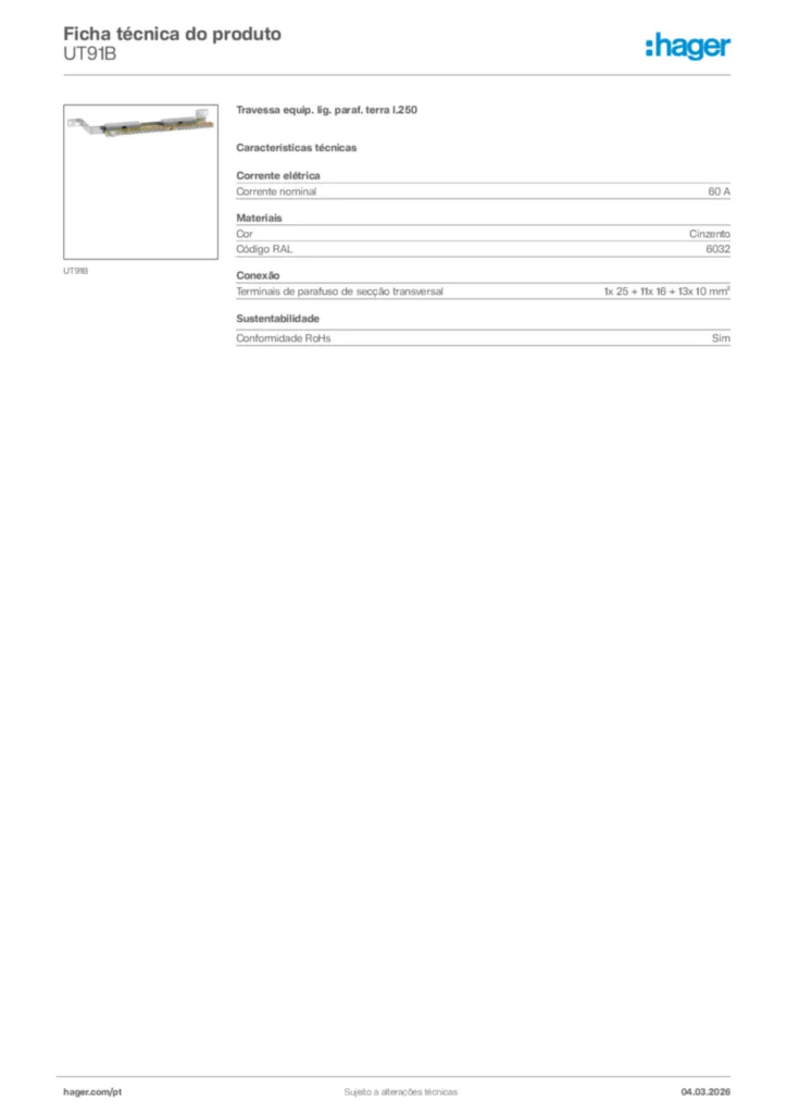 Imagem Hager Ficha técnica do produto UT91B | Hager Portugal