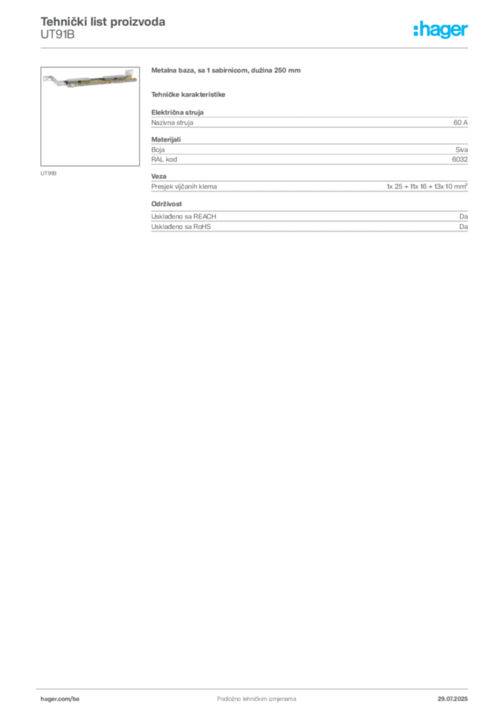 Slika Hager Product data sheet UT91B  | Hager