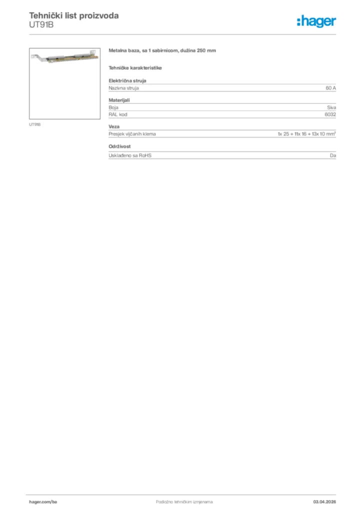 Slika Hager Tehnički list proizvoda UT91B  | Hager