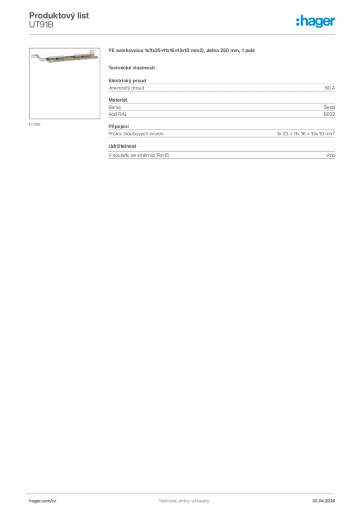 Obrázek Hager Product data sheet UT91B | Hager