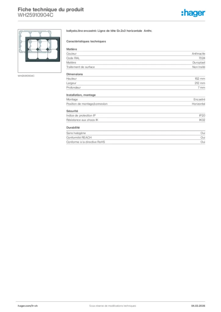 Image Hager Fiche technique du produit WH25910904C | Hager Suisse