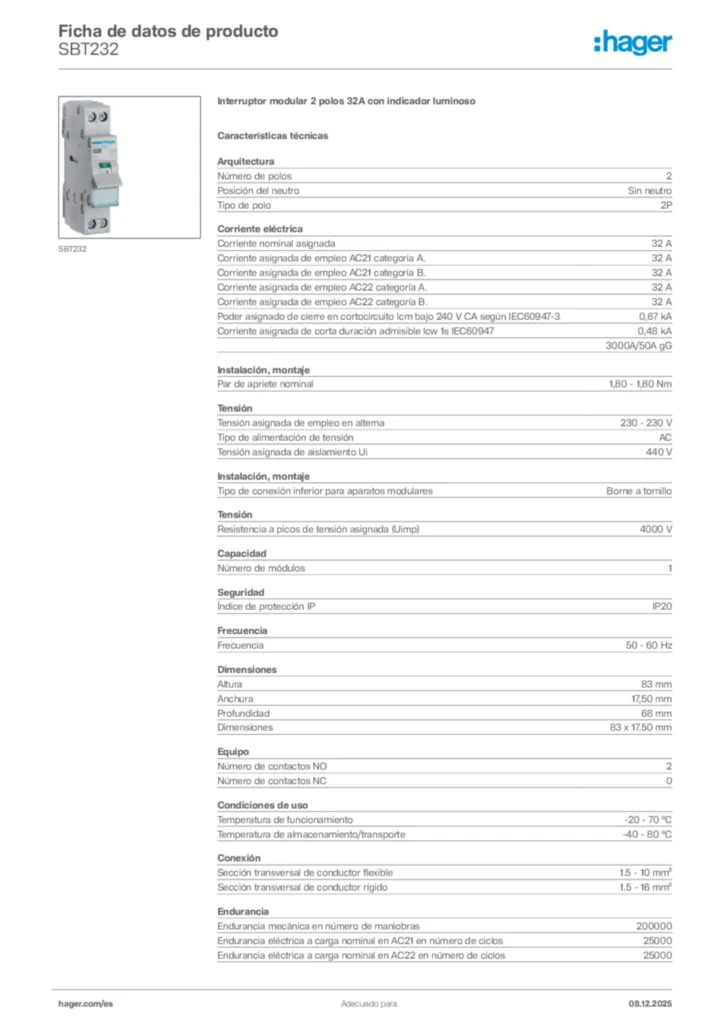 Imagen Hager Ficha de datos de producto SBT232 | Hager España