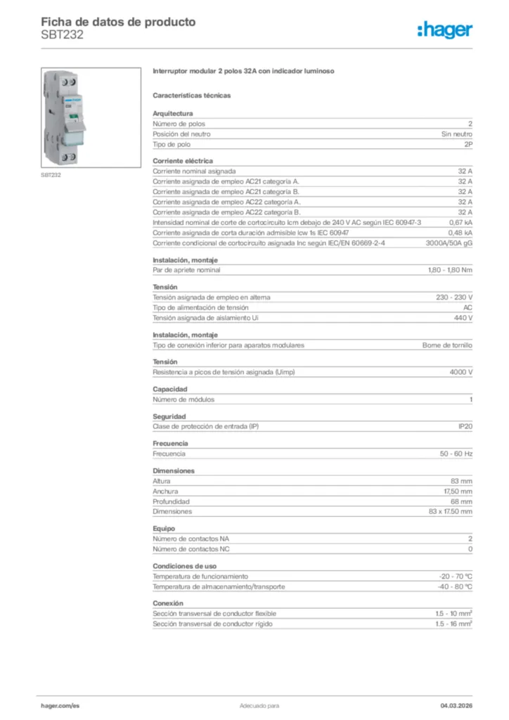 Imagen Hager Ficha de datos de producto SBT232 | Hager España