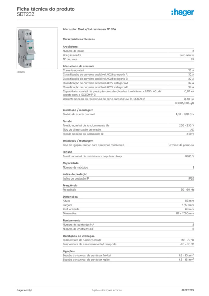 Imagem Hager Ficha técnica do produto SBT232 | Hager Portugal