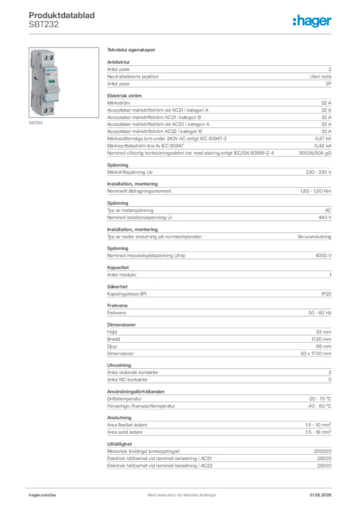 Bild Hager Produktdatablad SBT232 | Hager Sverige
