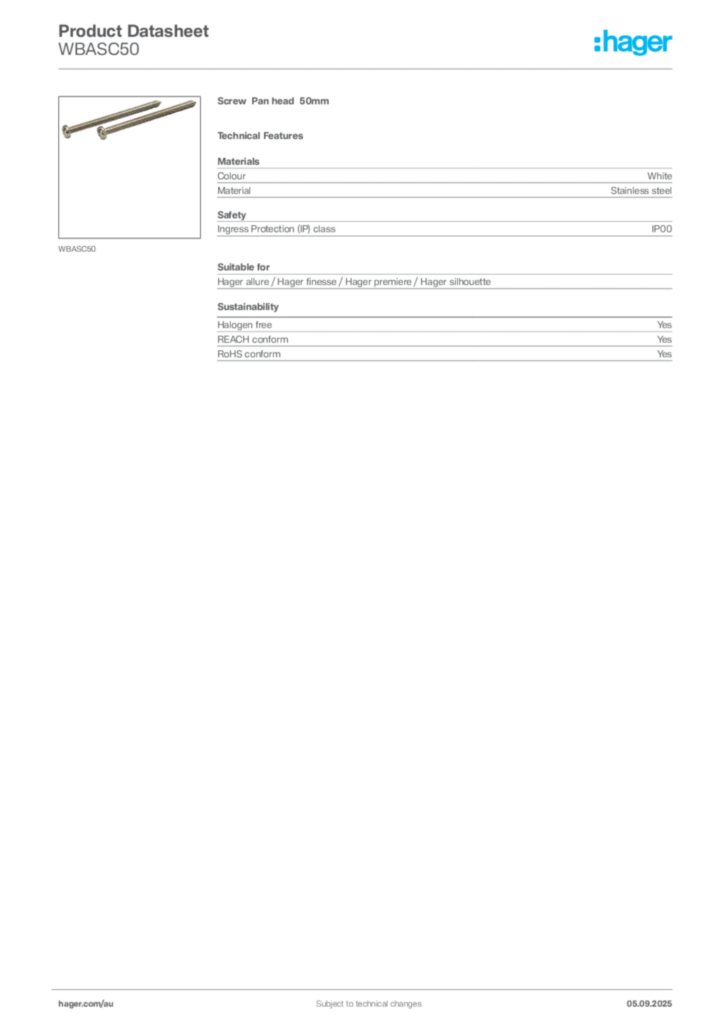 Image Hager Product data sheet WBASC50  | Hager Australia