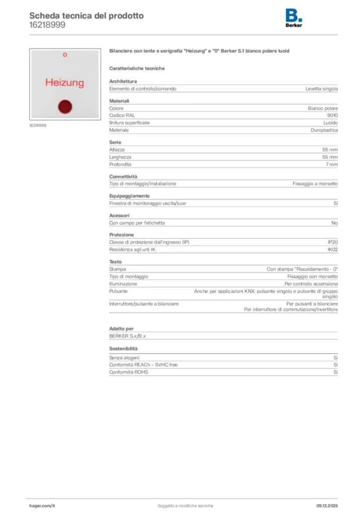 Immagine Berker Scheda tecnica del prodotto 16218999 | Hager Italia