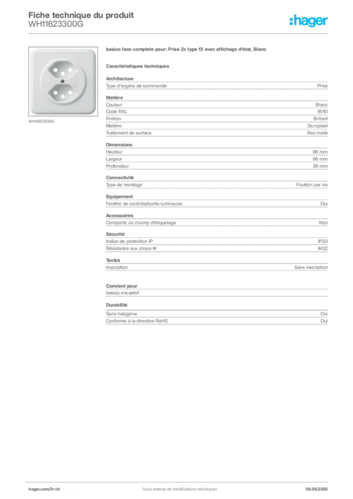 Image Hager Fiche technique du produit WH11623300G | Hager Suisse