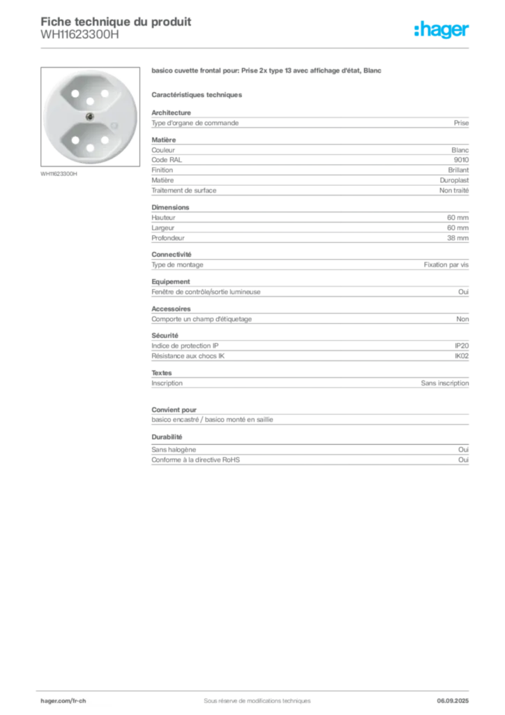 Image Hager Fiche technique du produit WH11623300H | Hager Suisse