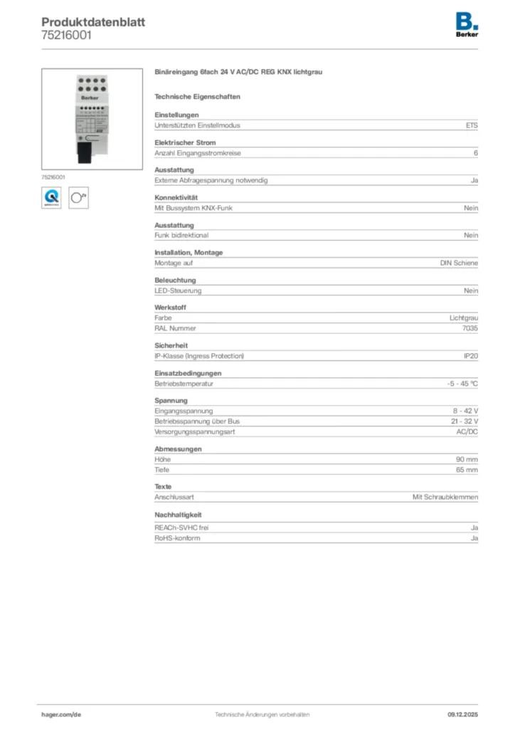 Bild Berker Produktdatenblatt 75216001 | Hager Deutschland