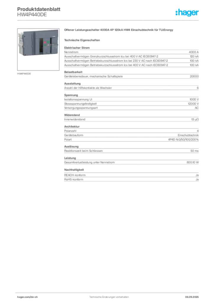 Bild Hager Produktdatenblatt HW4P440DE | Hager Schweiz
