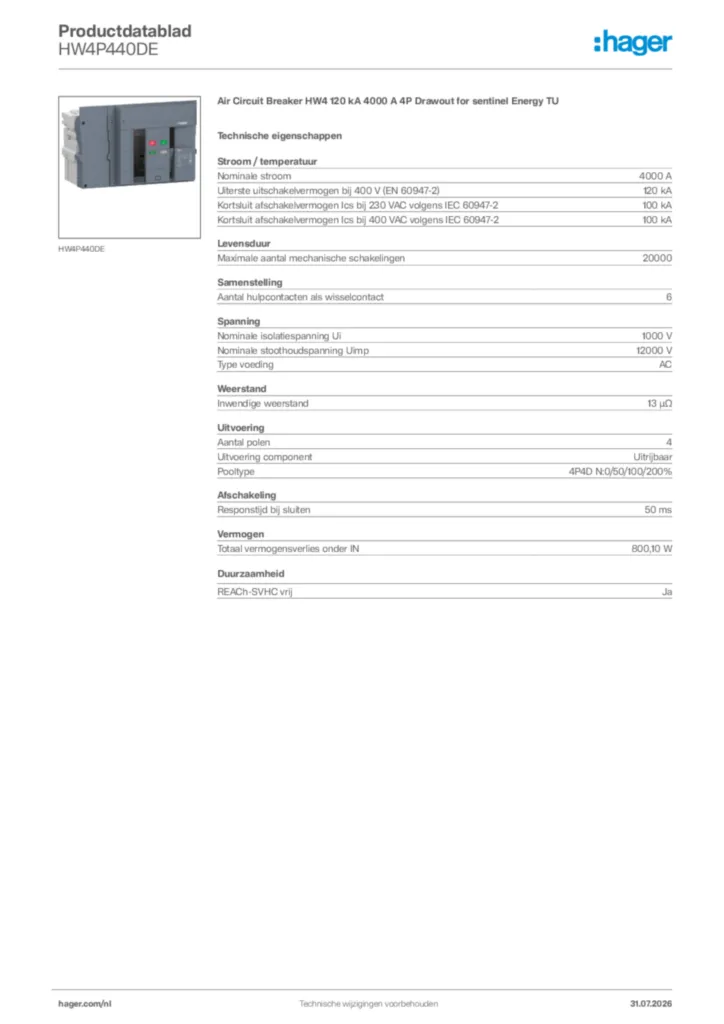 Afbeelding Hager Productdatablad HW4P440DE | Hager Nederland
