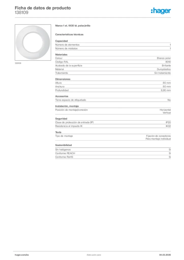 Imagen Hager Ficha de datos de producto 138109 | Hager España
