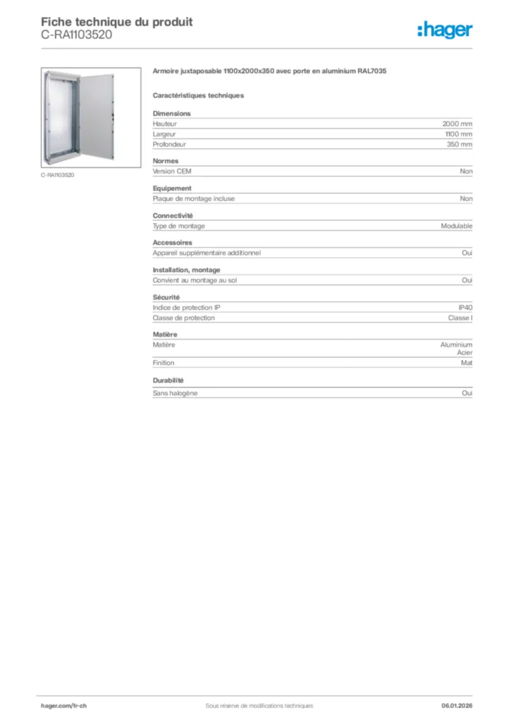 Image Hager Fiche technique du produit C-RA1103520 | Hager Suisse