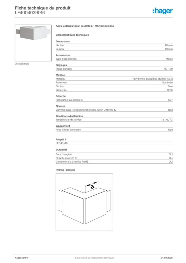 Image Hager Fiche technique du produit LF4004039016 | Hager France
