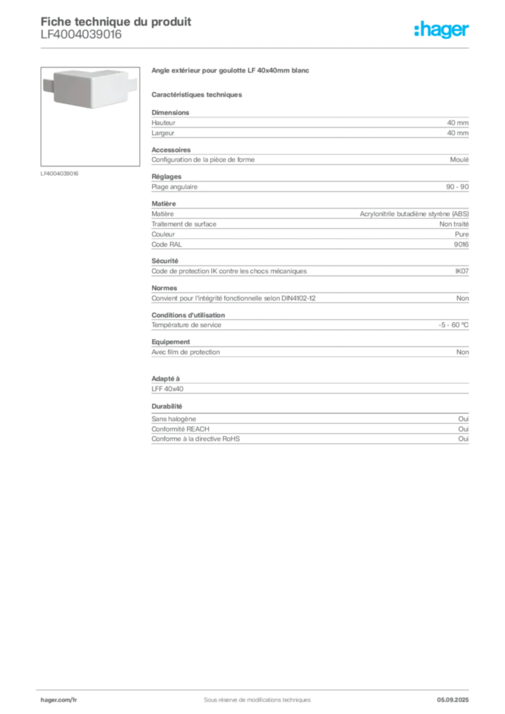 Image Hager Fiche technique du produit LF4004039016 | Hager France