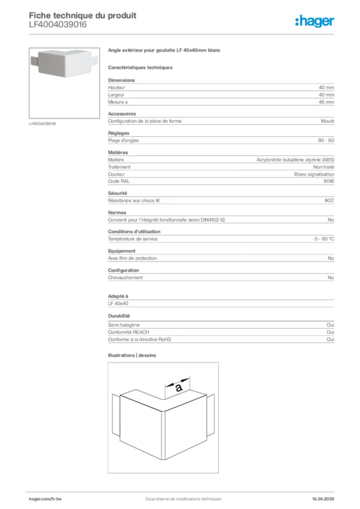 Image Hager Fiche technique du produit LF4004039016 | Hager Belgique
