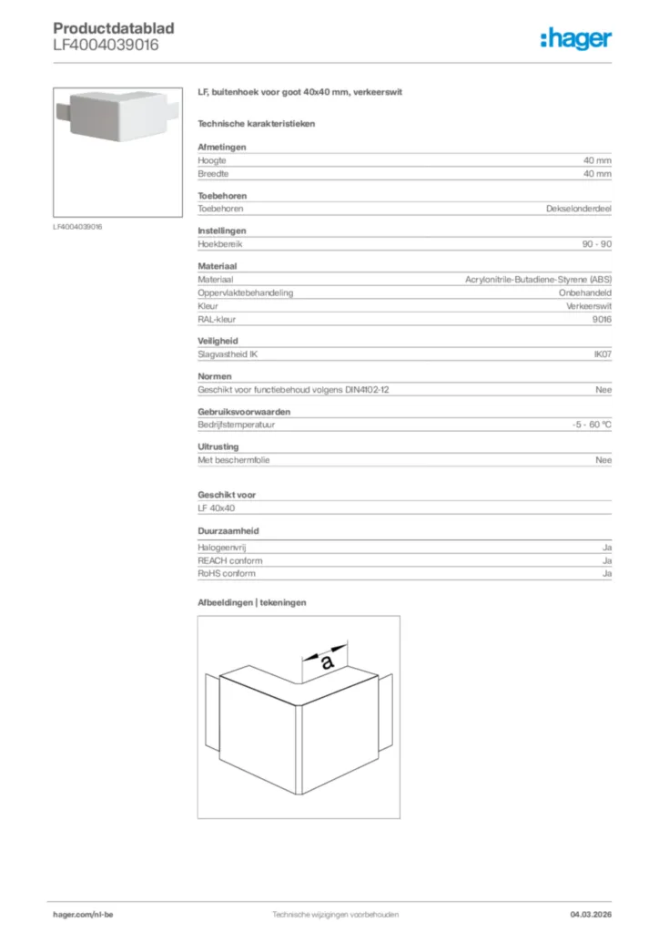 Afbeelding Hager Productdatablad LF4004039016 | Hager Belgium