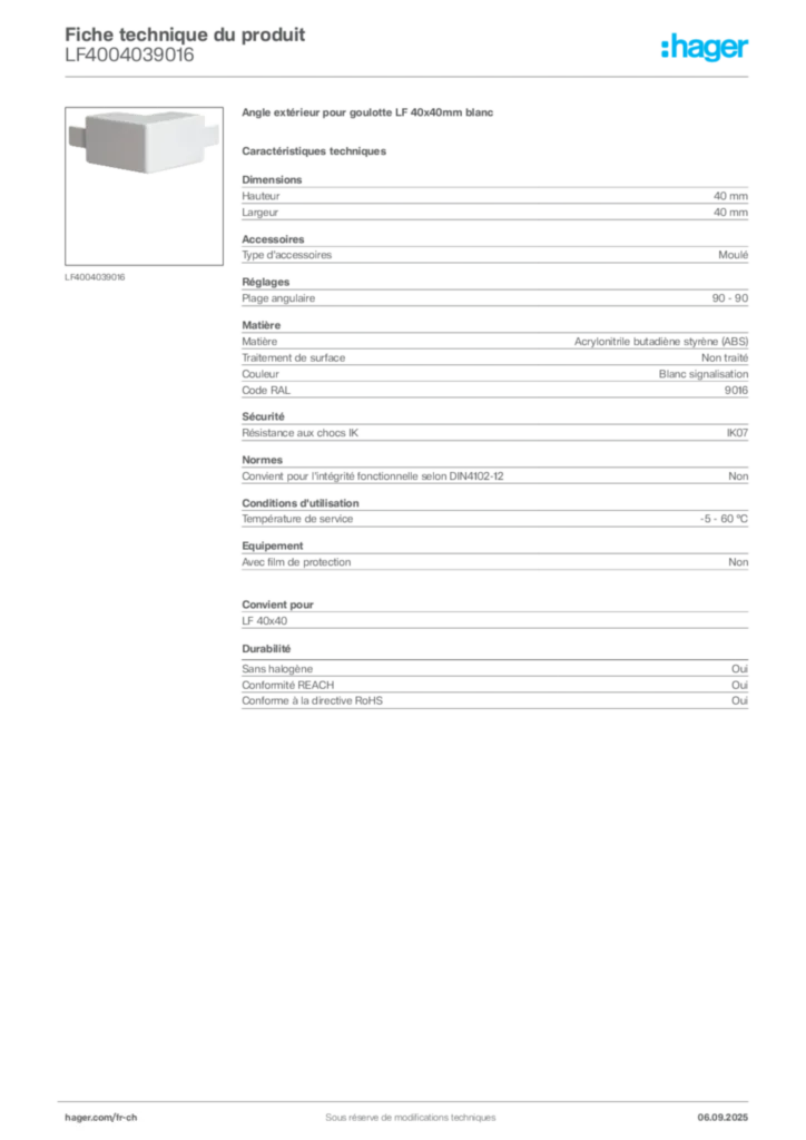 Image Hager Fiche technique du produit LF4004039016 | Hager Suisse