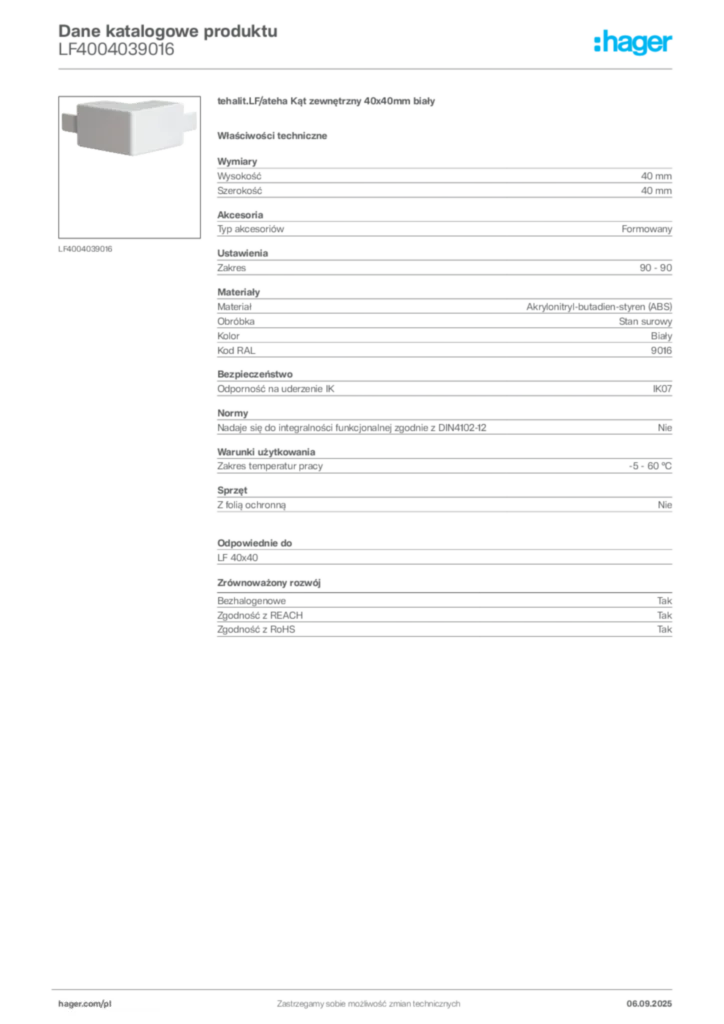 Zdjęcie Hager Dane katalogowe produktu LF4004039016 | Hager Polska