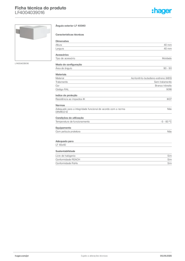 Imagem Hager Ficha técnica do produto LF4004039016 | Hager Portugal