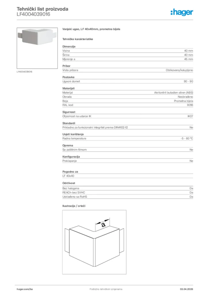 Slika Hager Tehnički list proizvoda LF4004039016  | Hager