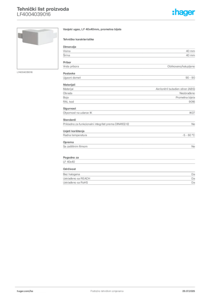 Slika Hager Product data sheet LF4004039016  | Hager