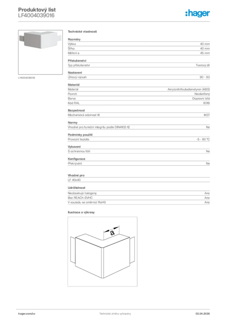 Obrázek Hager Product data sheet LF4004039016 | Hager