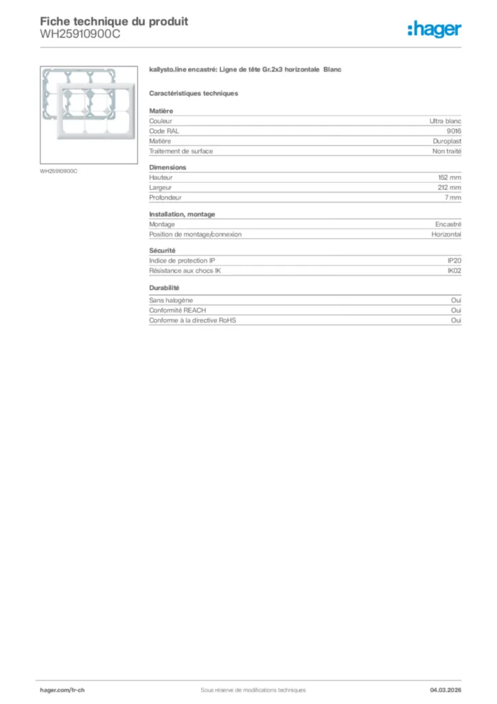 Image Hager Fiche technique du produit WH25910900C | Hager Suisse