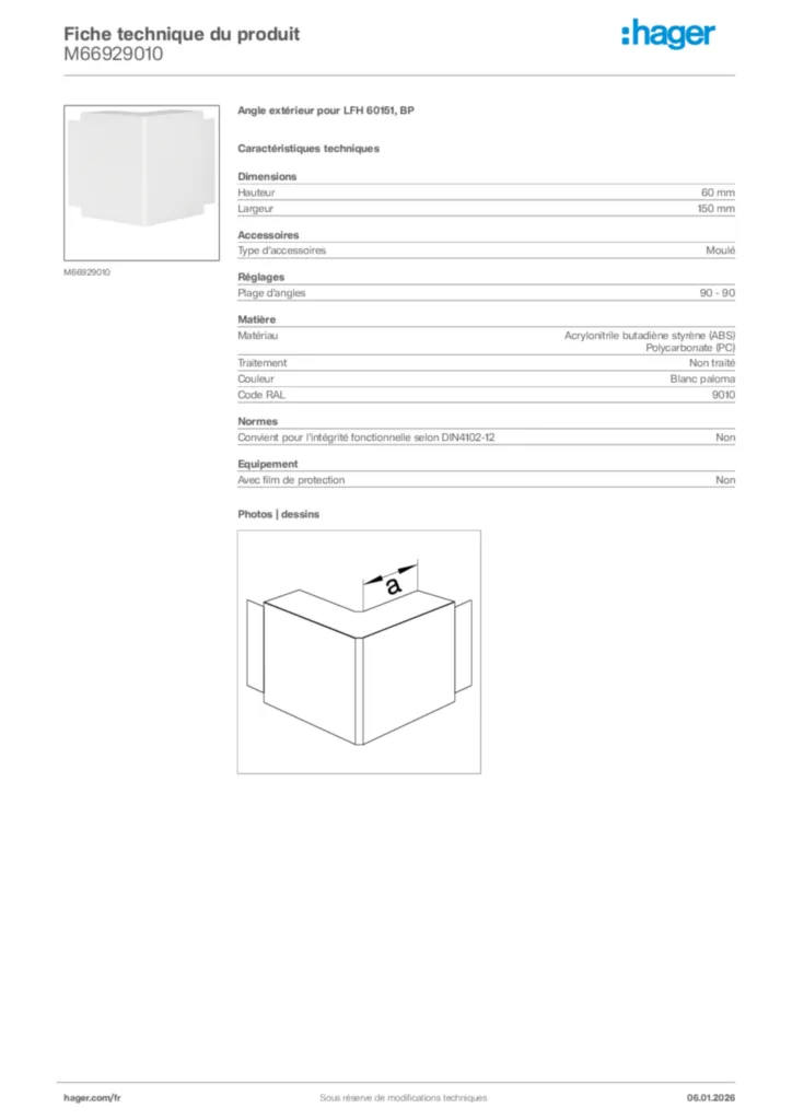 Image Hager Fiche technique du produit M66929010 | Hager France