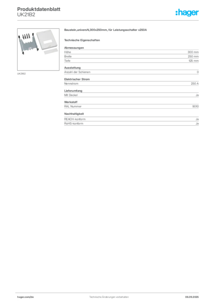 Bild Hager Produktdatenblatt UK21B2 | Hager Deutschland