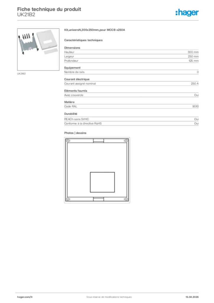 Image Hager Fiche technique du produit UK21B2 | Hager France