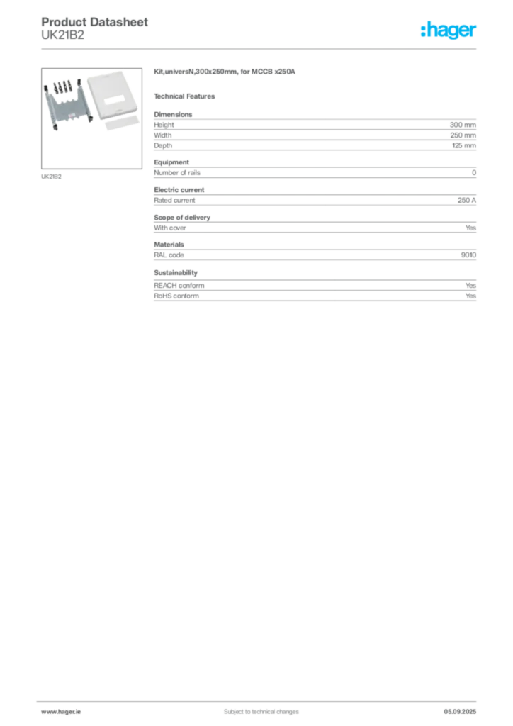 Image Hager Product data sheet UK21B2  | Hager