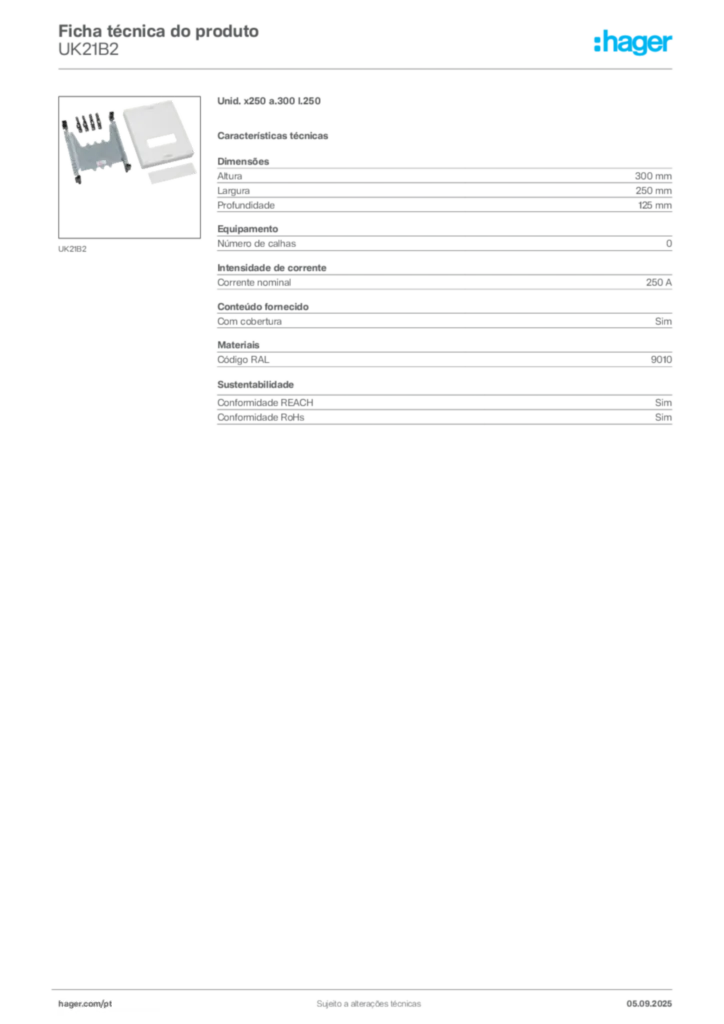Imagem Hager Ficha técnica do produto UK21B2 | Hager Portugal