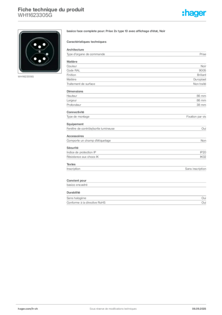 Image Hager Fiche technique du produit WH11623305G | Hager Suisse