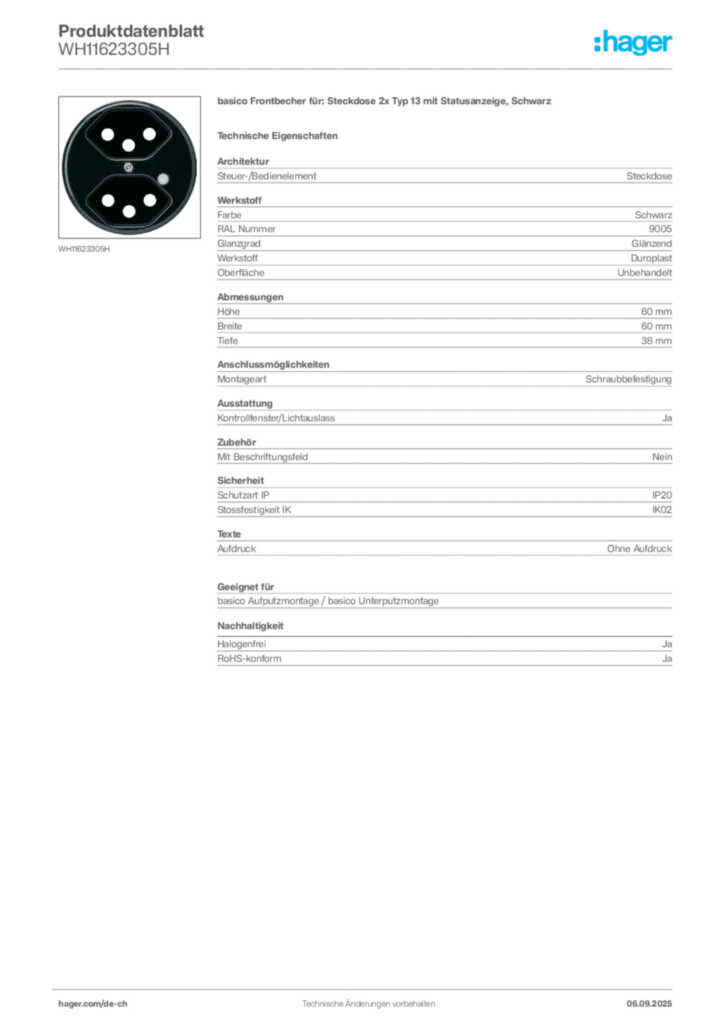 Bild Hager Produktdatenblatt WH11623305H | Hager Schweiz