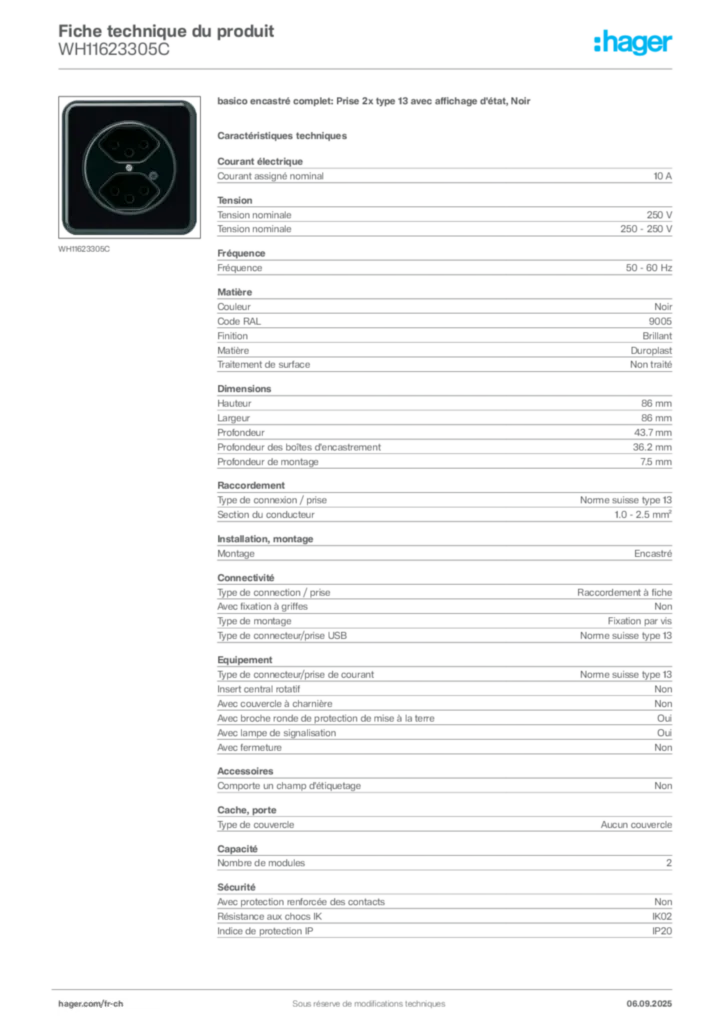 Image Hager Fiche technique du produit WH11623305C | Hager Suisse