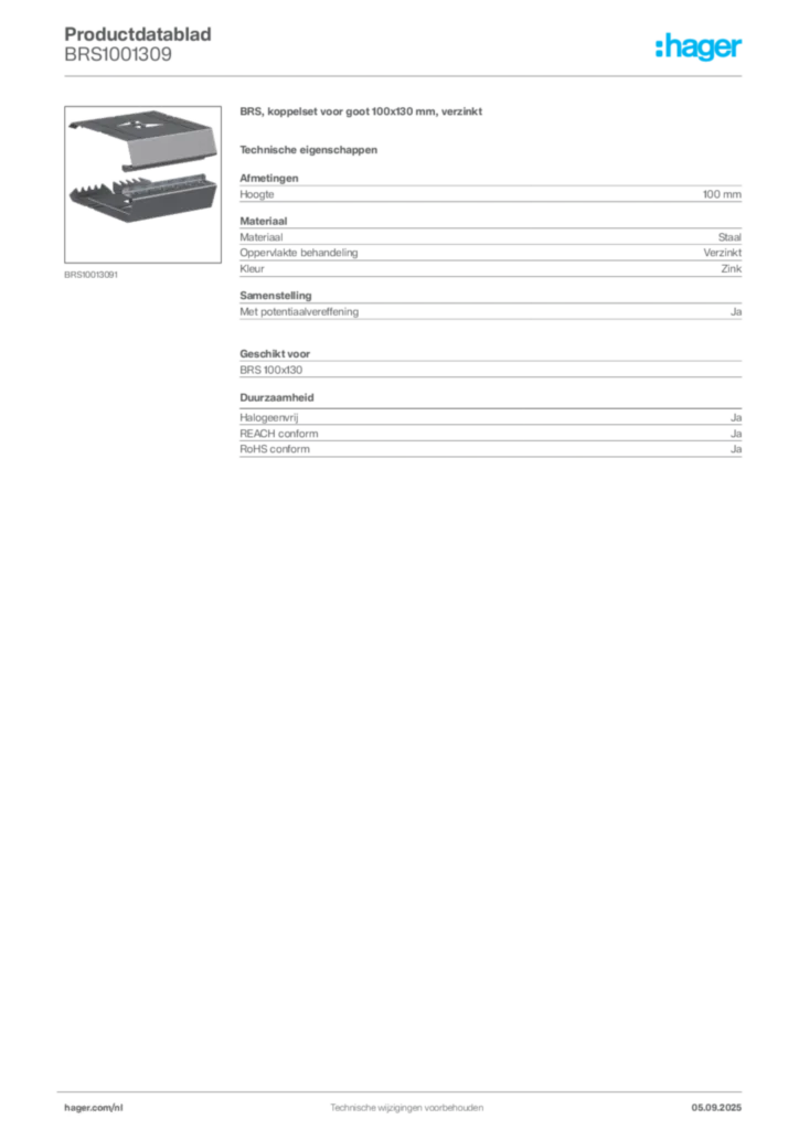 Afbeelding Hager Productdatablad BRS1001309 | Hager Nederland