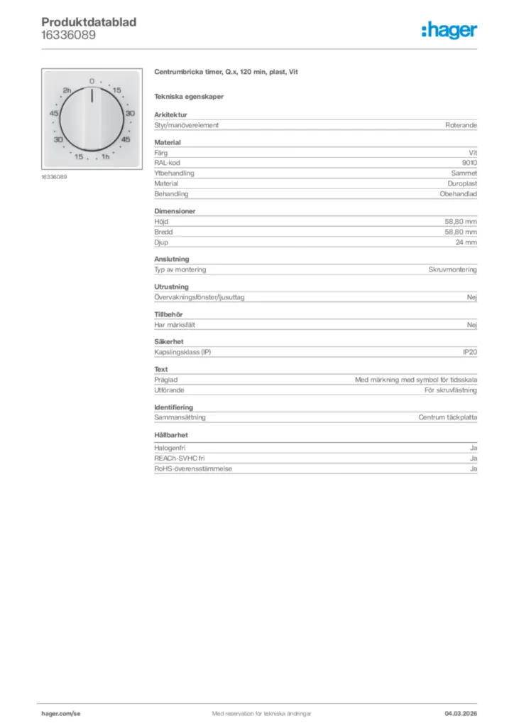 Bild Hager Produktdatablad 16336089 | Hager Sverige