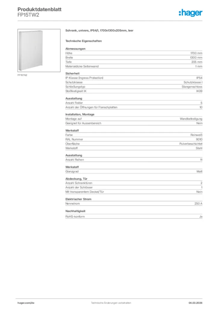 Bild Hager Produktdatenblatt FP15TW2 | Hager Deutschland