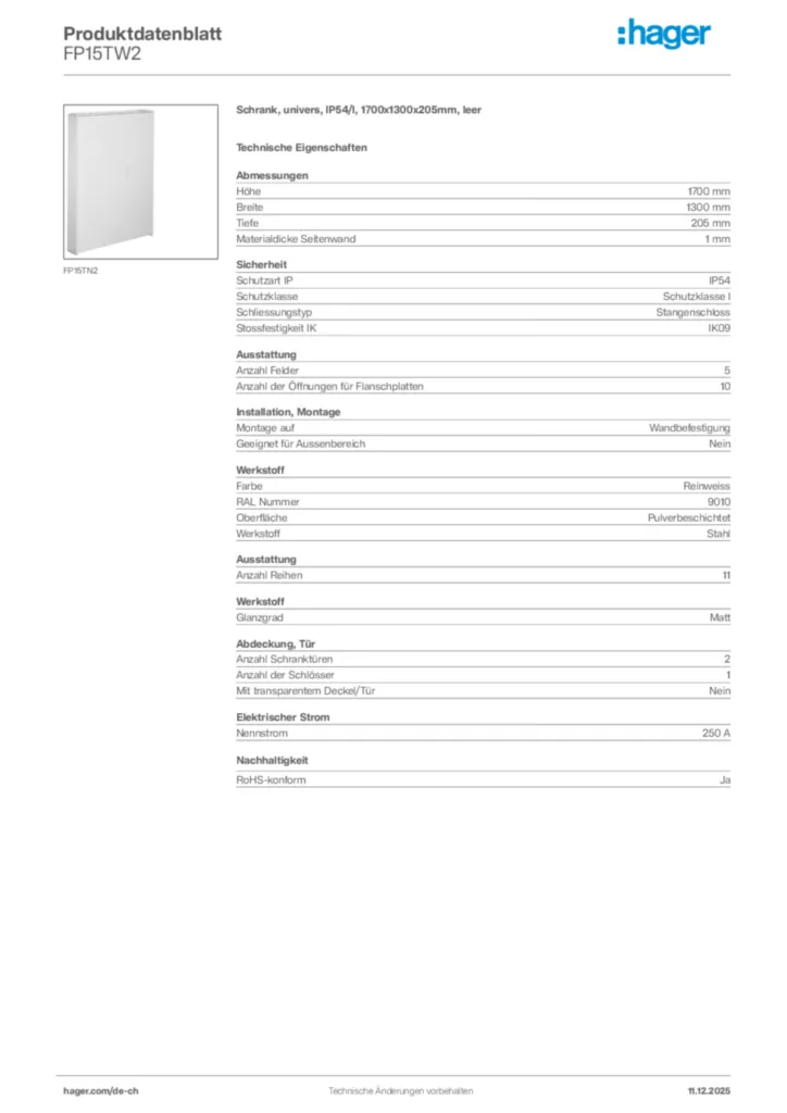 Bild Hager Produktdatenblatt FP15TW2 | Hager Schweiz
