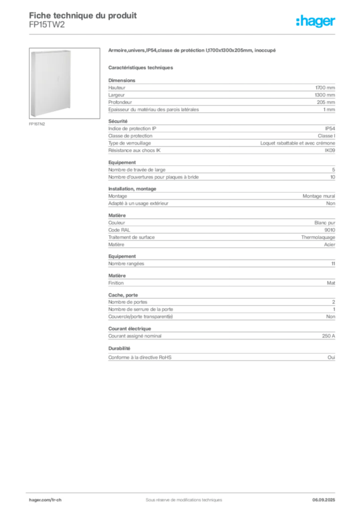 Image Hager Fiche technique du produit FP15TW2 | Hager Suisse