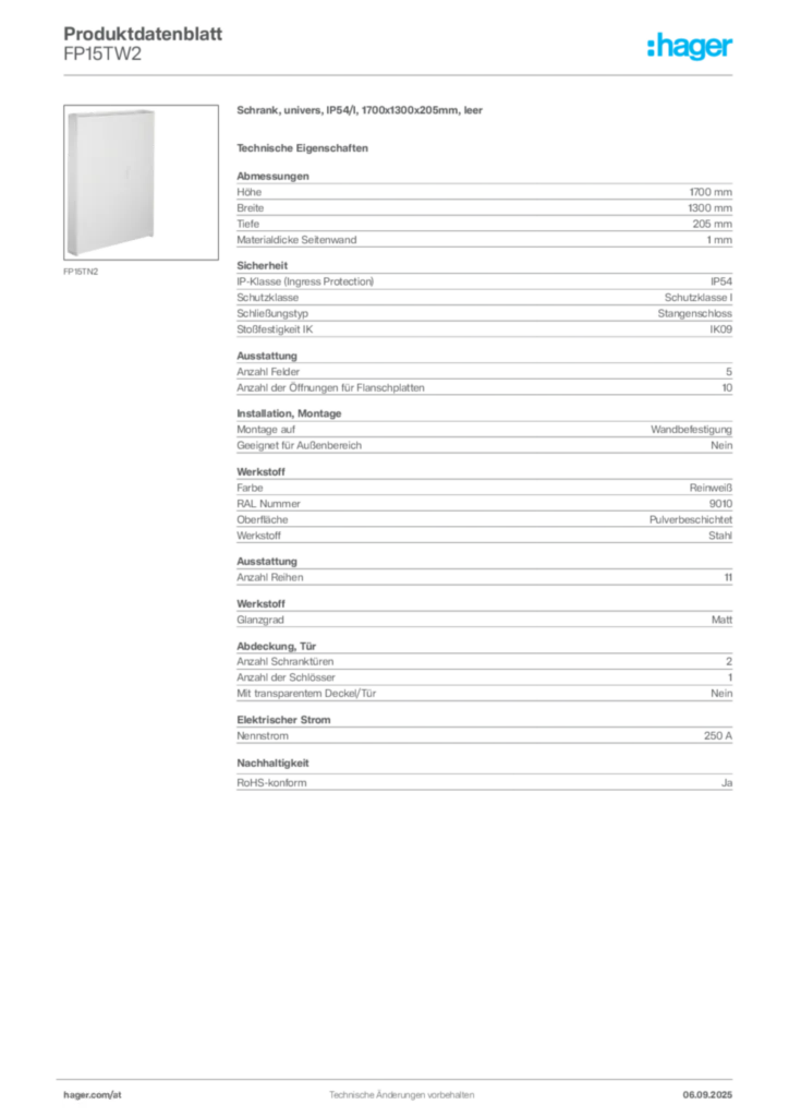 Bild Hager Produktdatenblatt FP15TW2 | Hager Deutschland