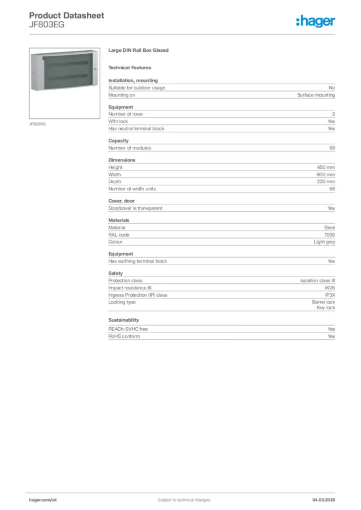 Image Hager Product data sheet JF803EG  | Hager